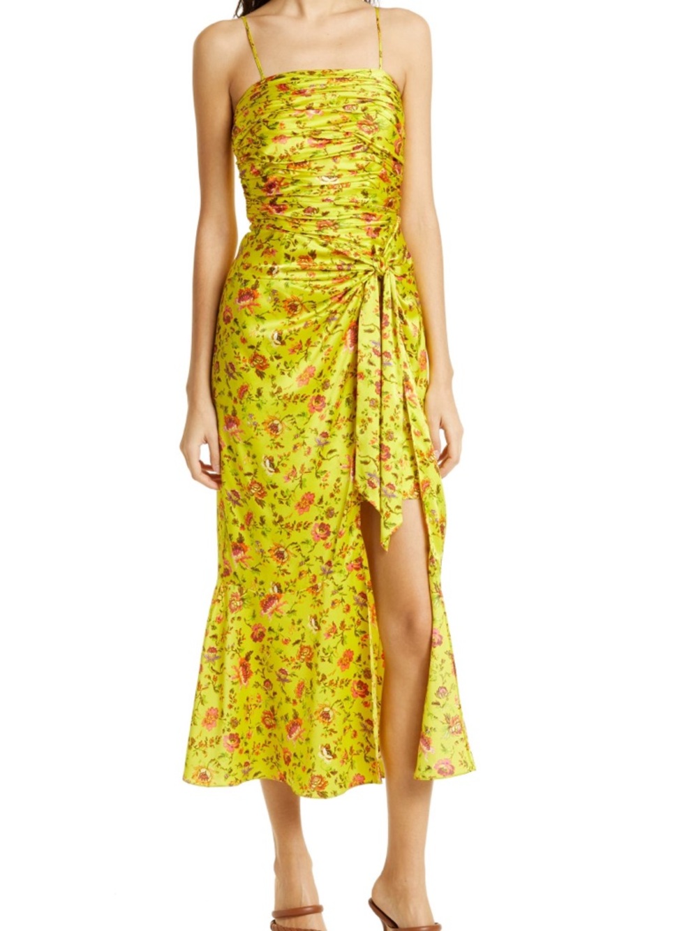 cinq a sept Yellow Floral Ruched Spaghetti-Strap Midi Dress